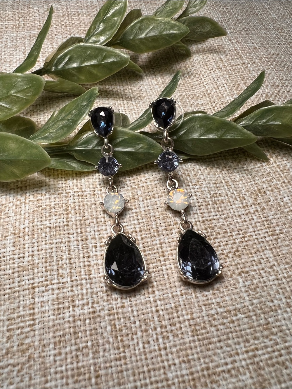 Silver Dangly Teardrop Blue Sapphire Diamond Earrings